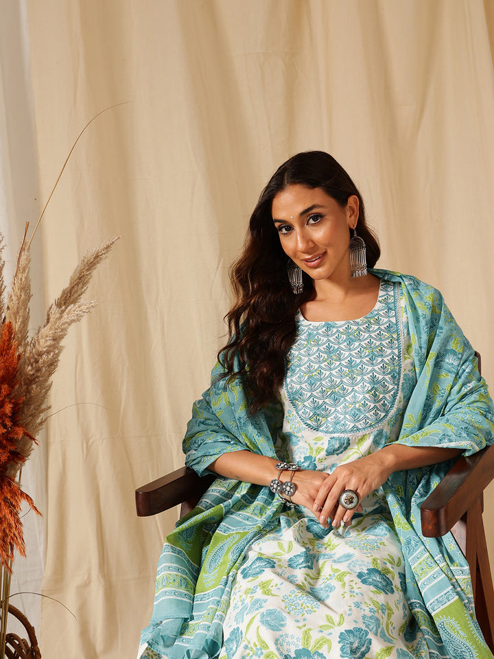 White Floral Embroidered Printed Cotton Suit Set
