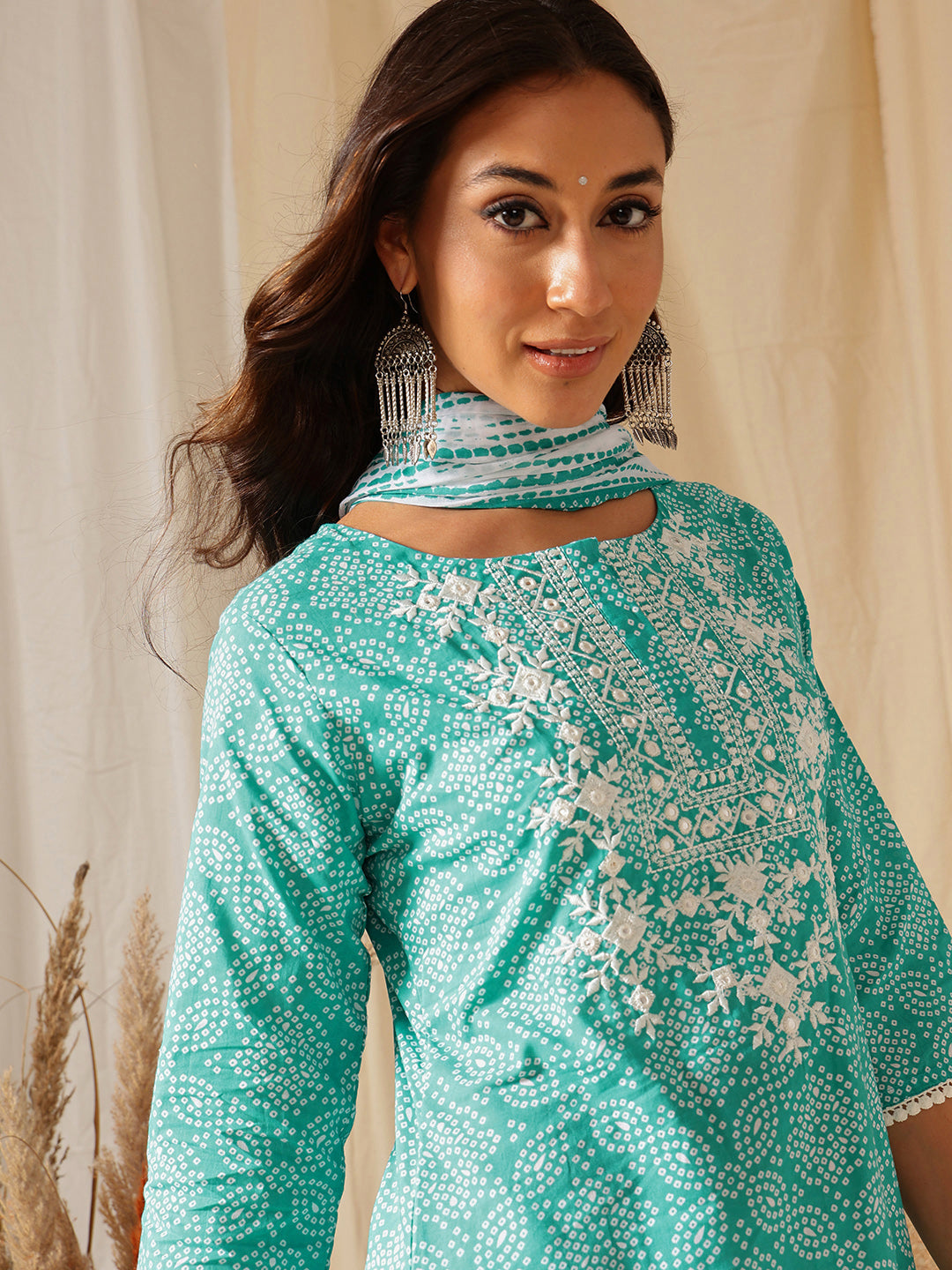 Blue Embroidered Bandhni Printed Cotton Suit Set
