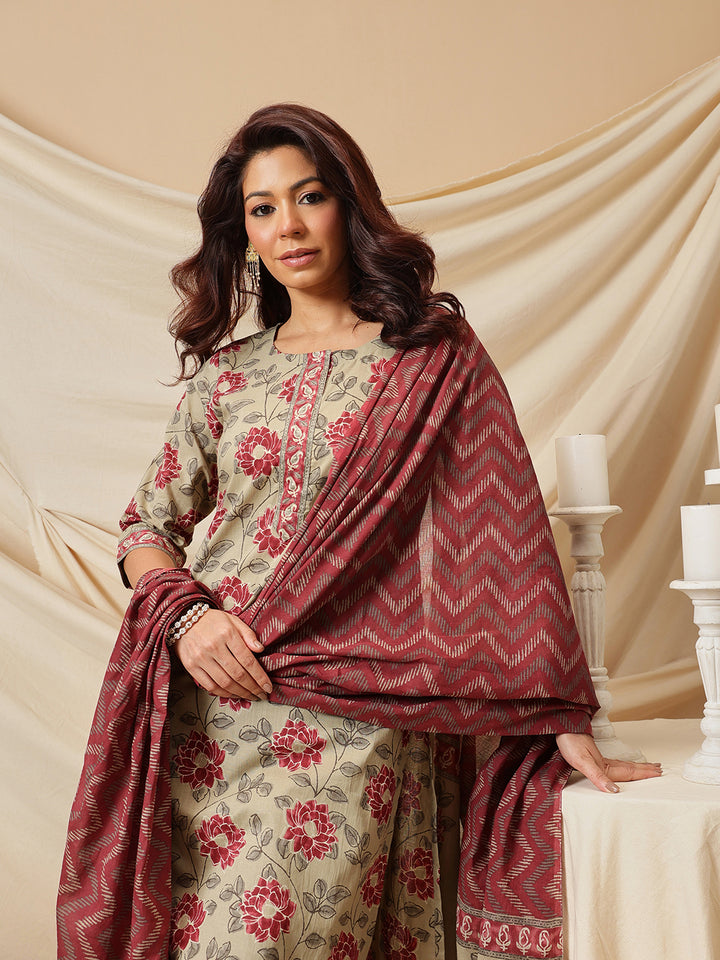 Beige Floral Printed Cotton Suit Set