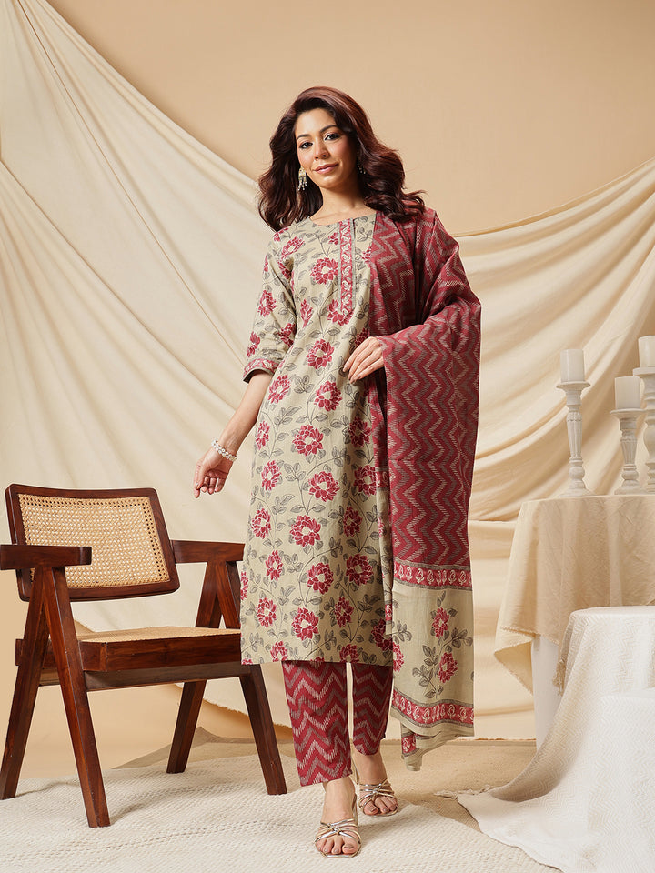 Beige Floral Printed Cotton Suit Set