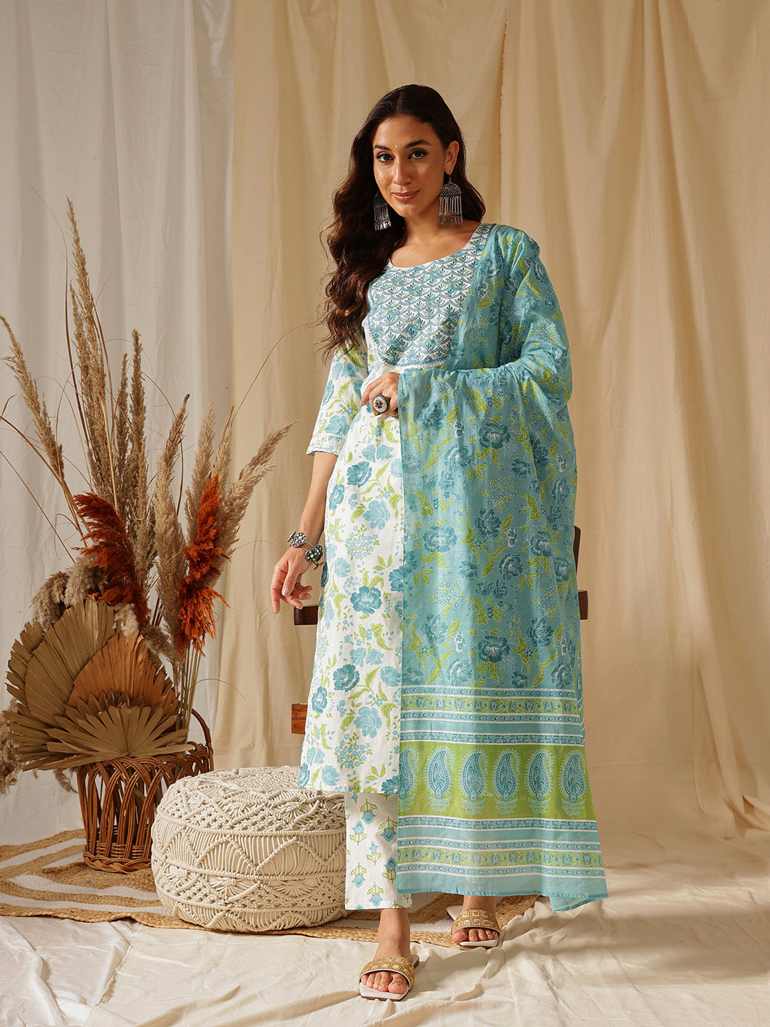 White Floral Embroidered Printed Cotton Suit Set