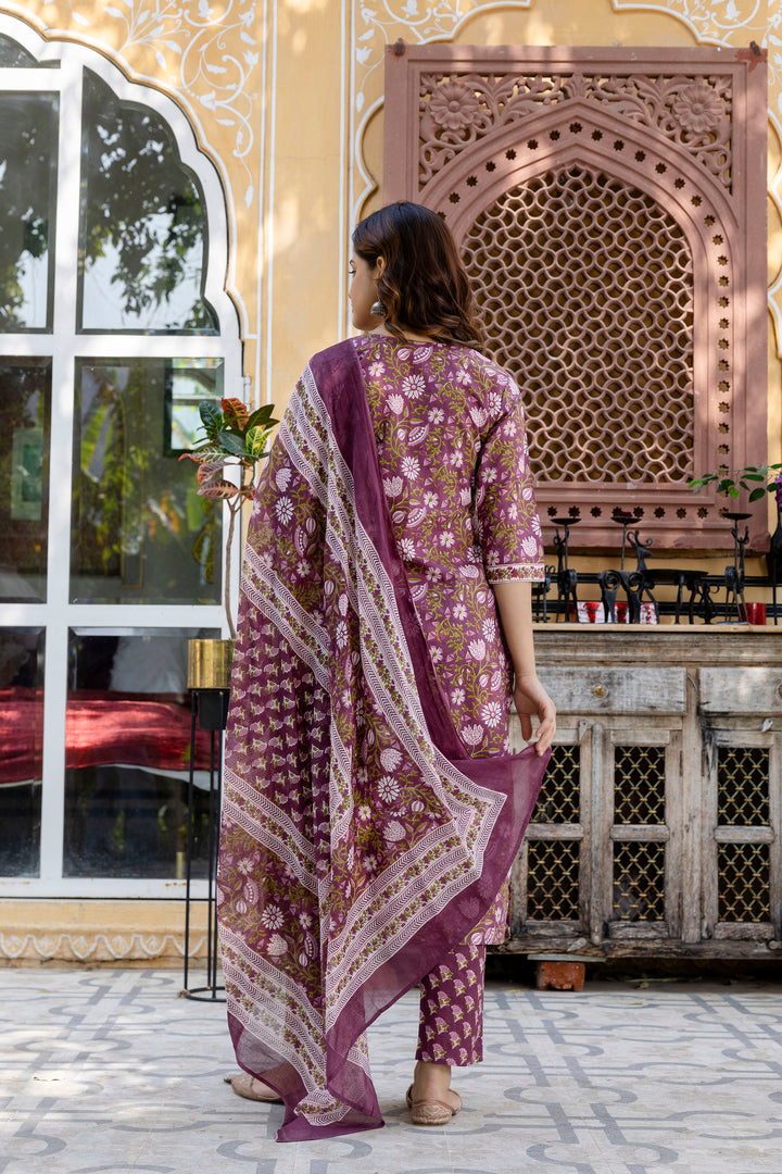 Purple Floral Printed Cotton Suit Set