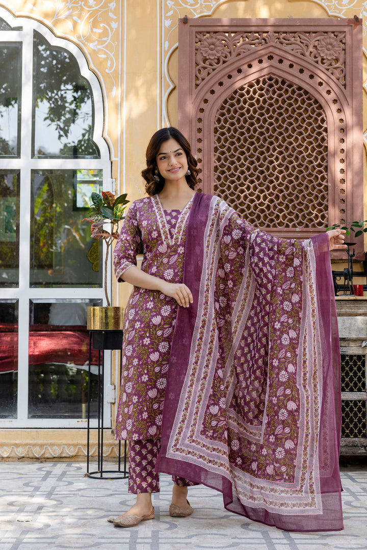 Purple Floral Printed Cotton Suit Set