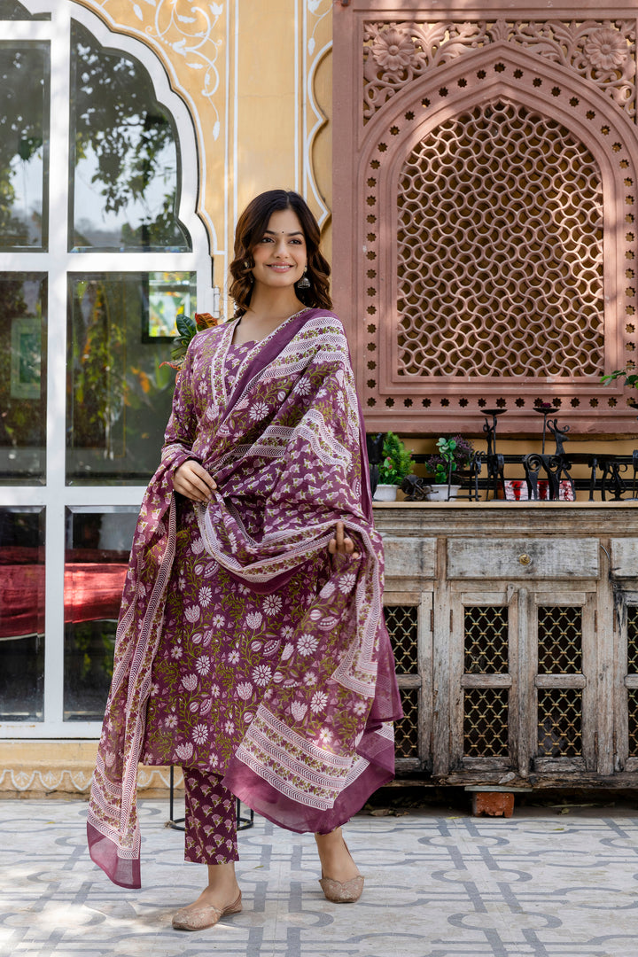Purple Floral Printed Cotton Suit Set