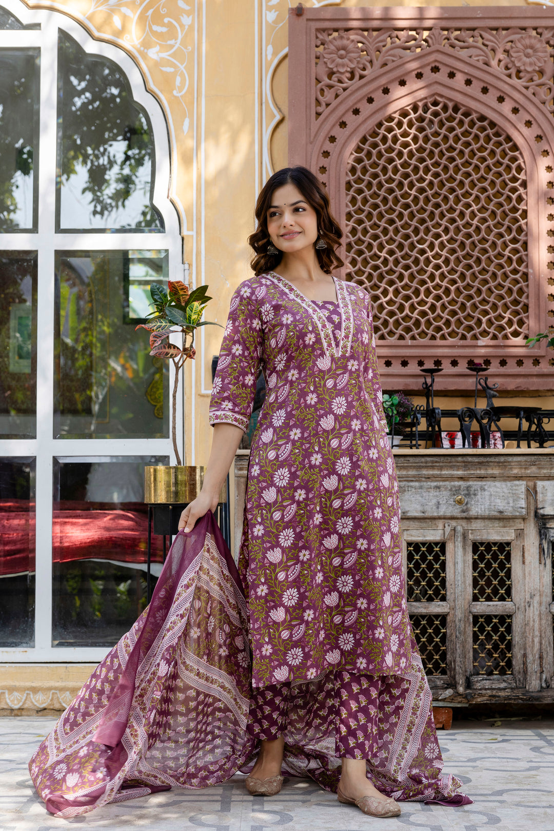 Purple Floral Printed Cotton Suit Set