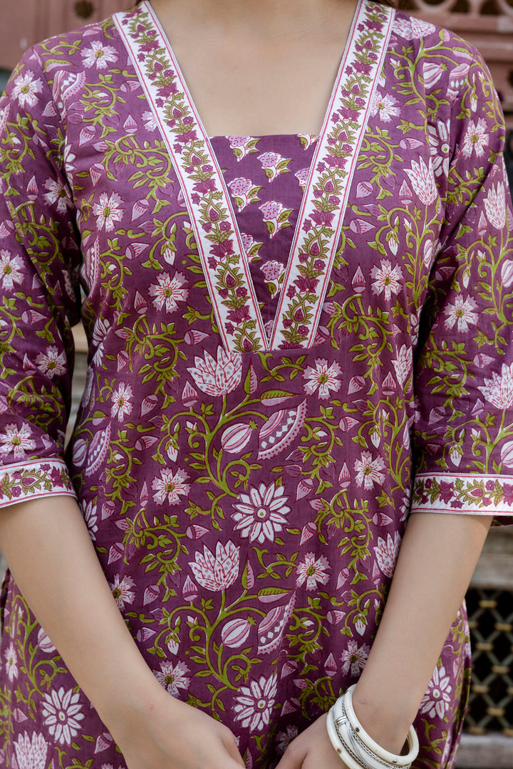 Purple Floral Printed Cotton Suit Set
