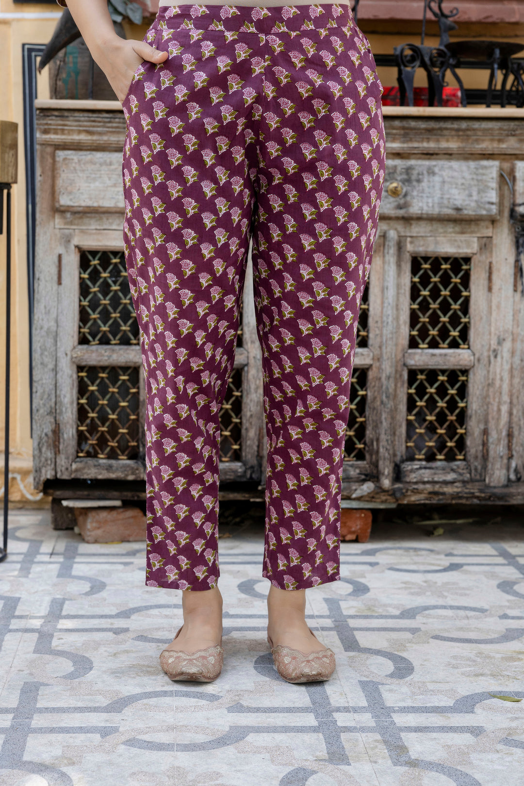Purple Floral Printed Cotton Suit Set