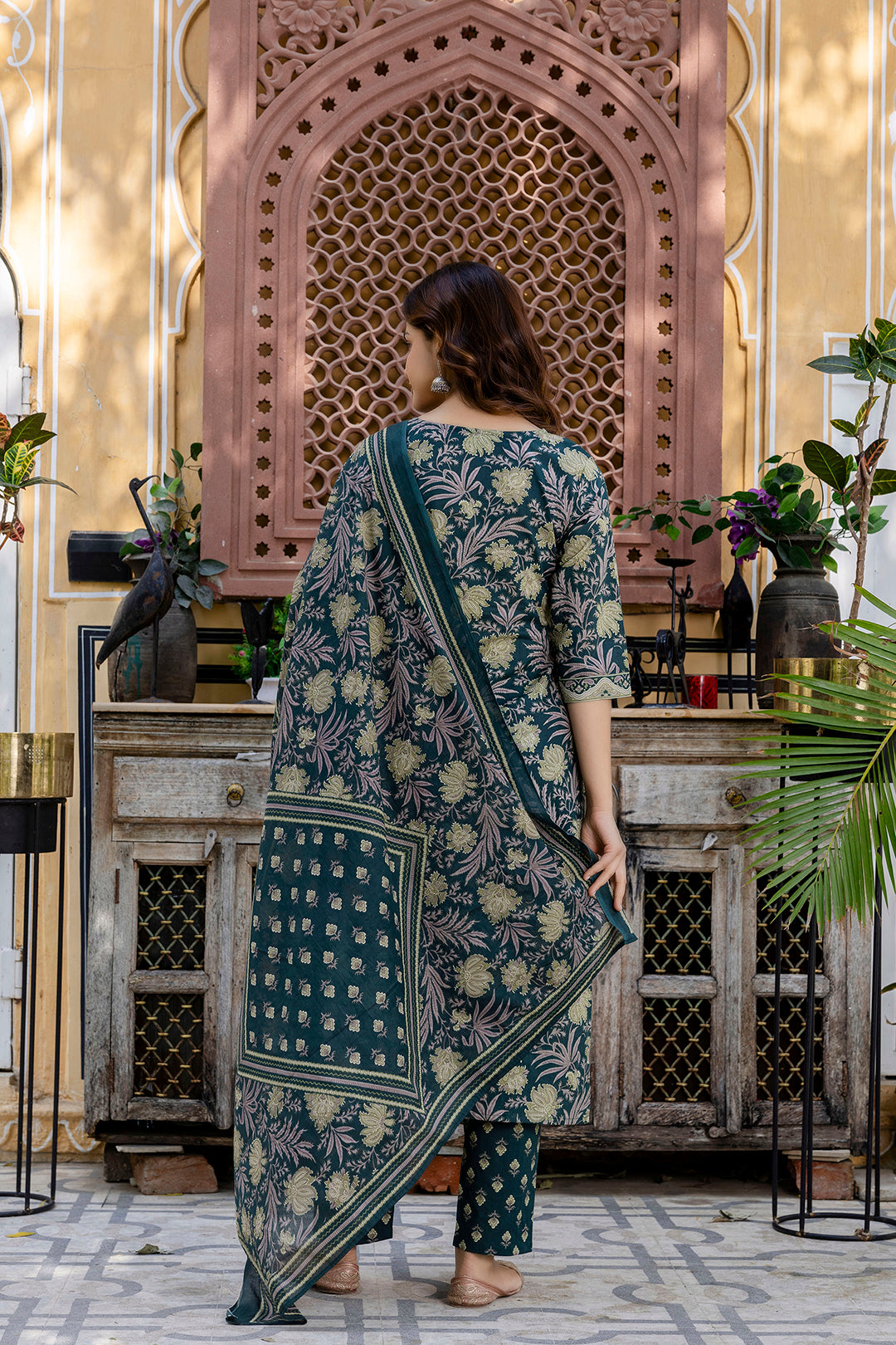 Dark Green Floral Printed Cotton Suit Set