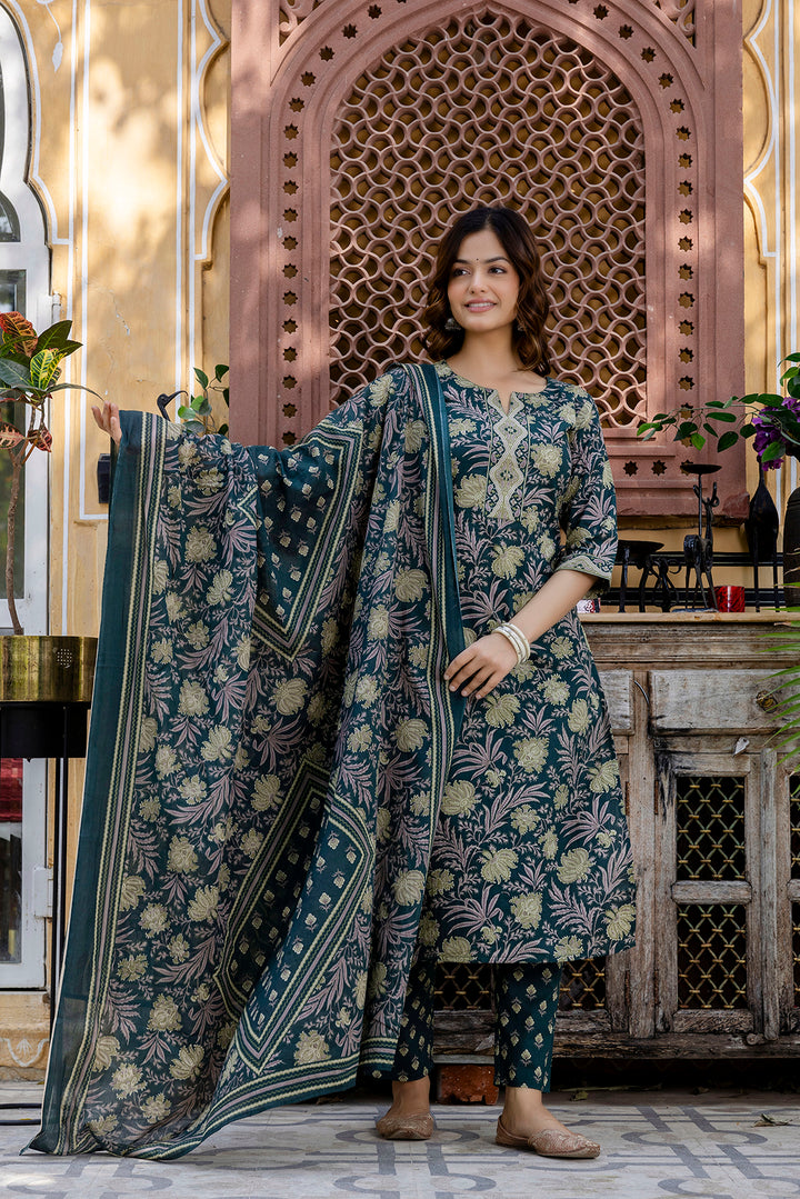 Dark Green Floral Printed Cotton Suit Set