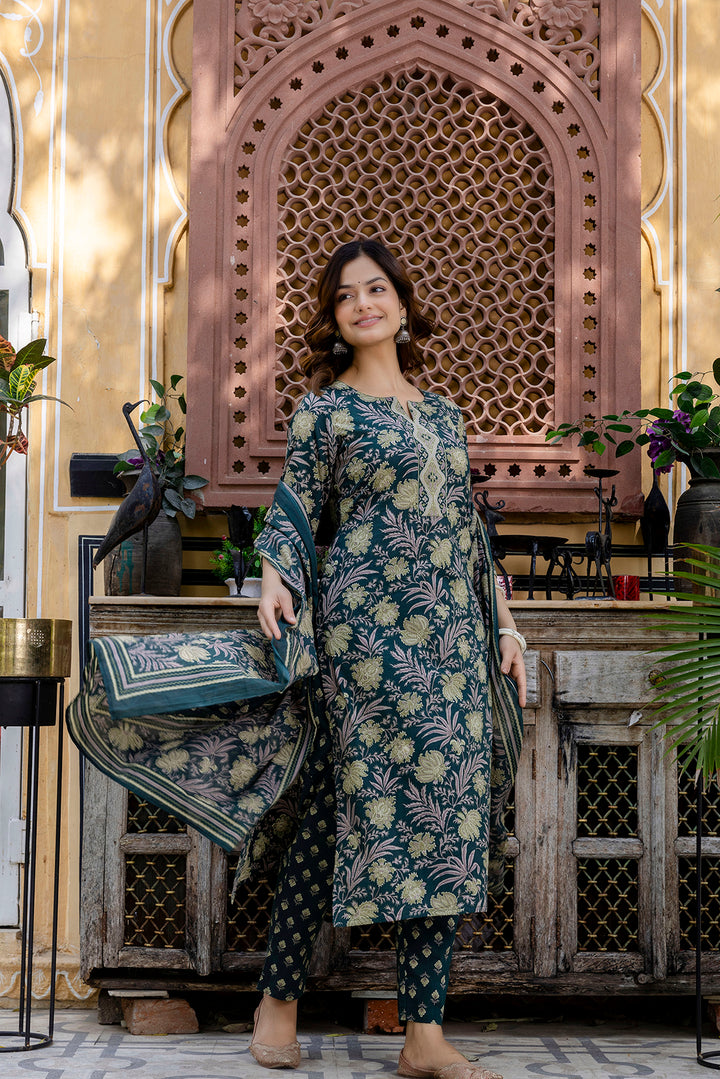 Dark Green Floral Printed Cotton Suit Set