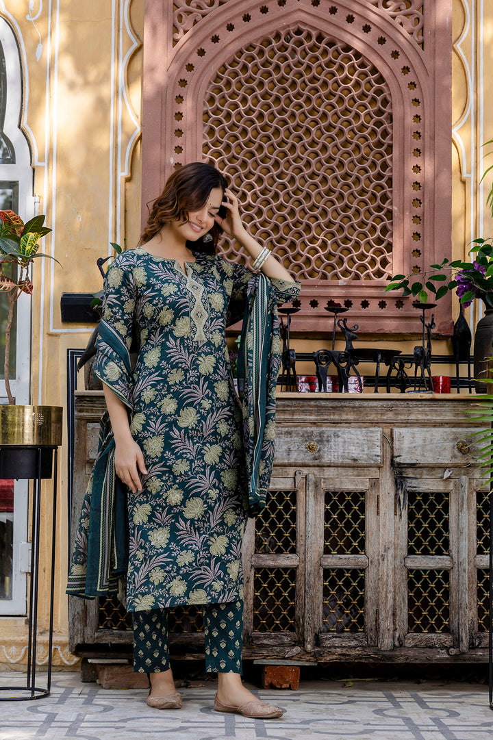 Dark Green Floral Printed Cotton Suit Set