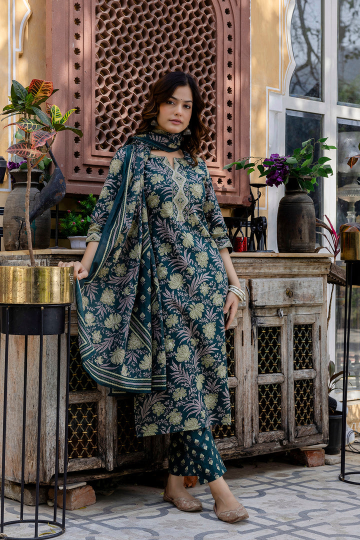 Dark Green Floral Printed Cotton Suit Set