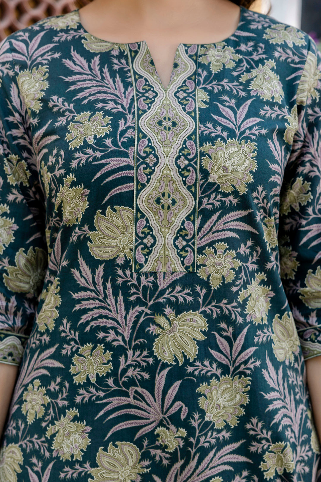 Dark Green Floral Printed Cotton Suit Set