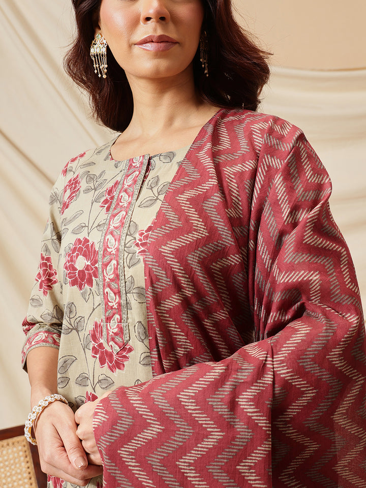 Beige Floral Printed Cotton Suit Set