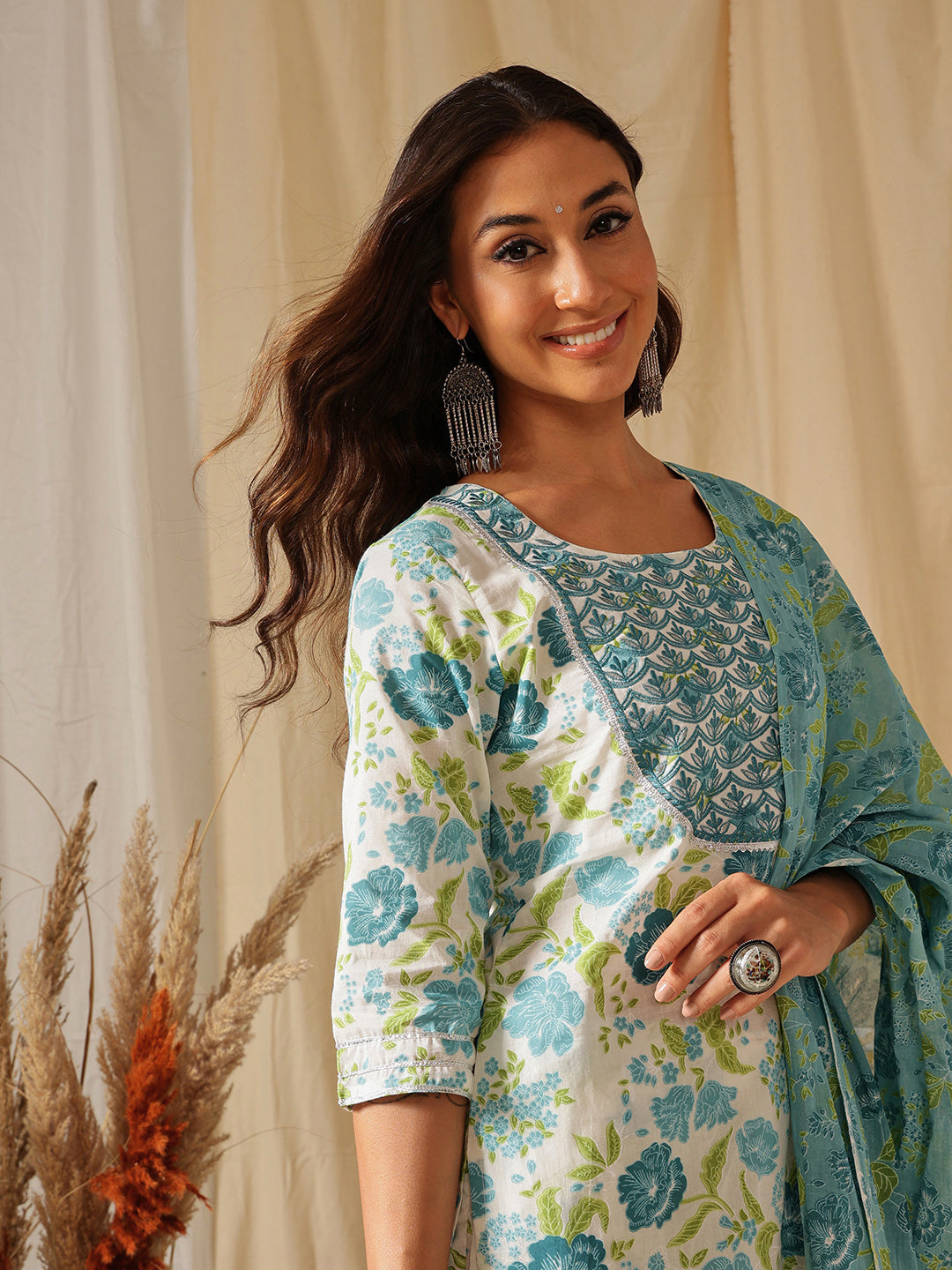 White Floral Embroidered Printed Cotton Suit Set