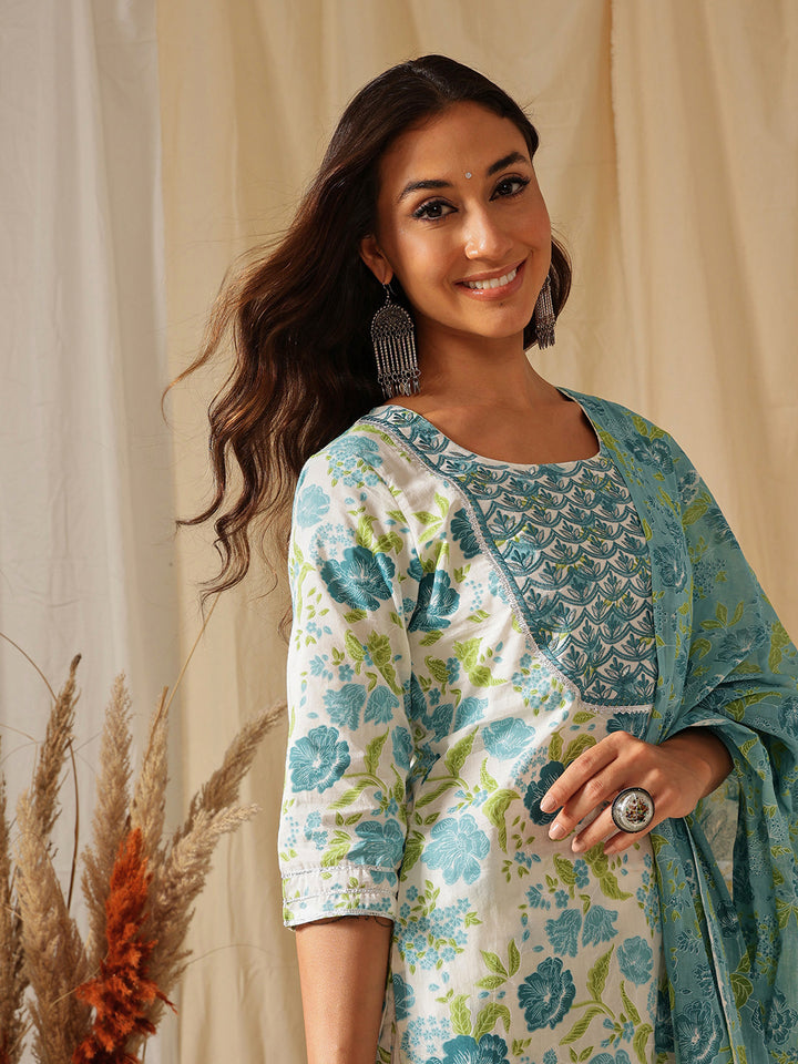 White Floral Embroidered Printed Cotton Suit Set
