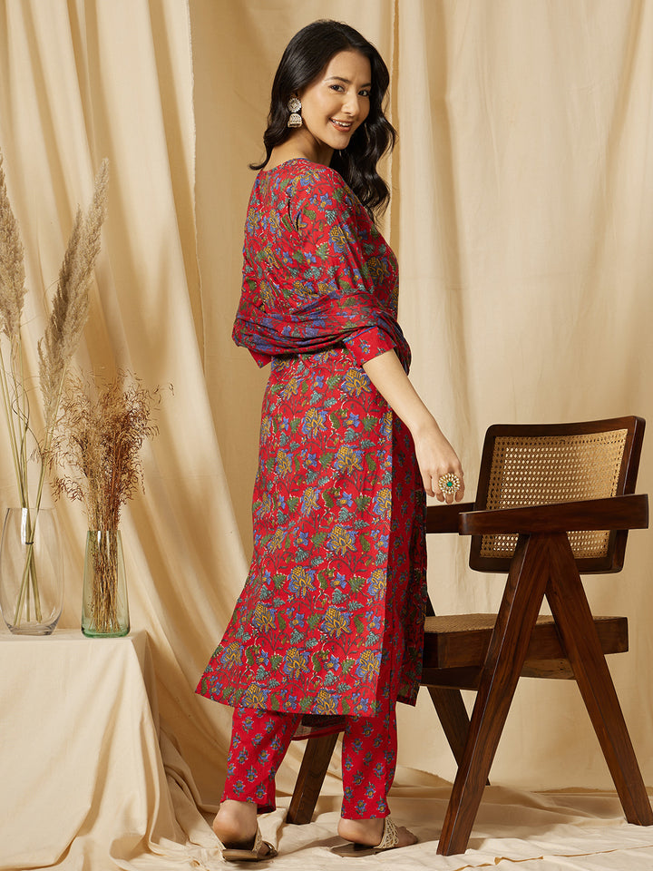 Red Floral Printed Cotton Suit Set