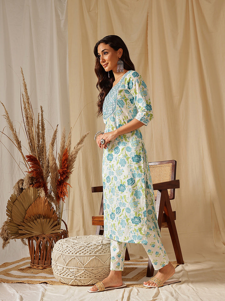 White Floral Embroidered Printed Cotton Suit Set