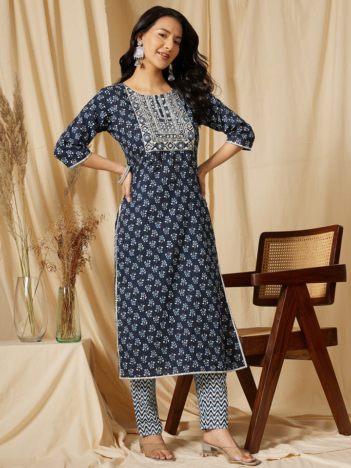 Navy Blue Embroidery Cotton Suit Set