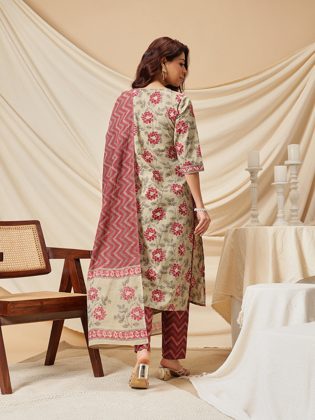Beige Floral Printed Cotton Suit Set