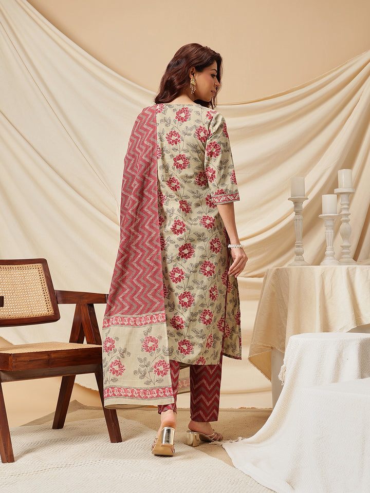 Beige Floral Printed Cotton Suit Set