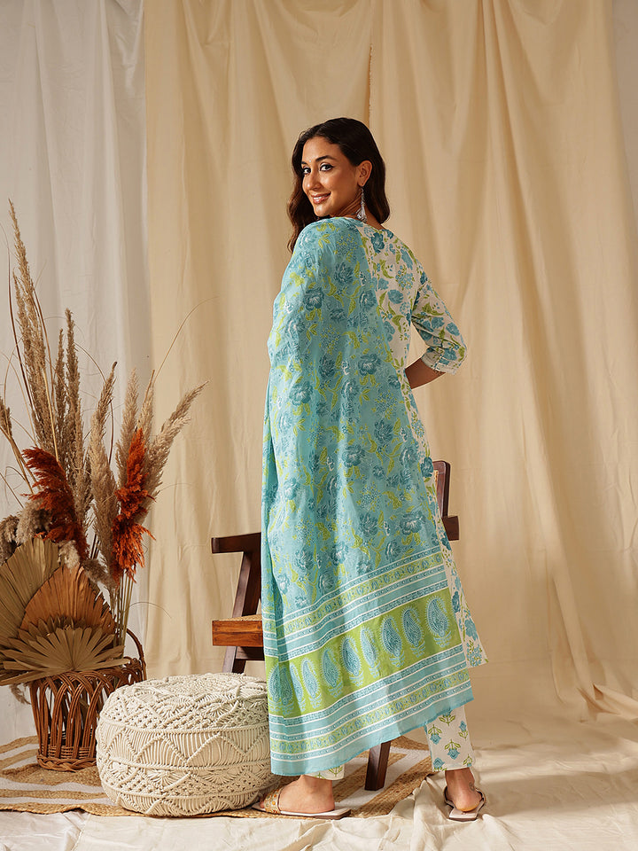 White Floral Embroidered Printed Cotton Suit Set