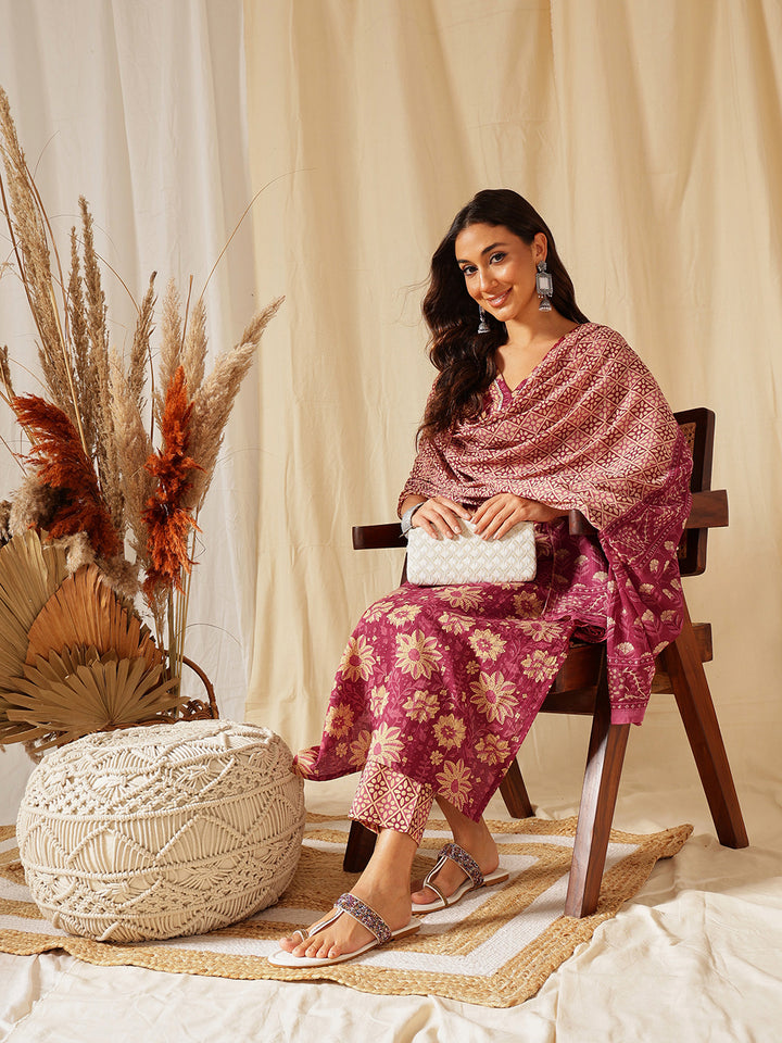 Burgundy Ethnic Motif Cotton  Suit Set