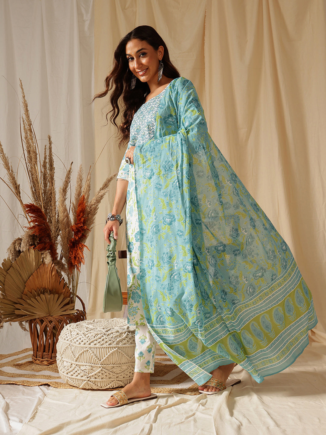White Floral Embroidered Printed Cotton Suit Set
