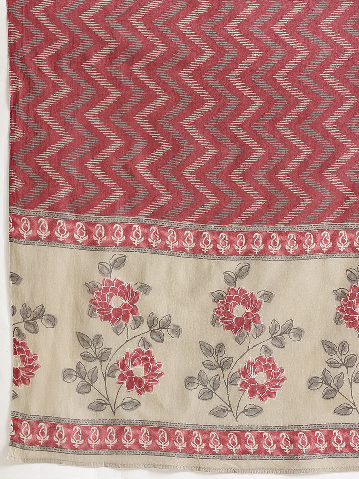 Beige Floral Printed Cotton Suit Set