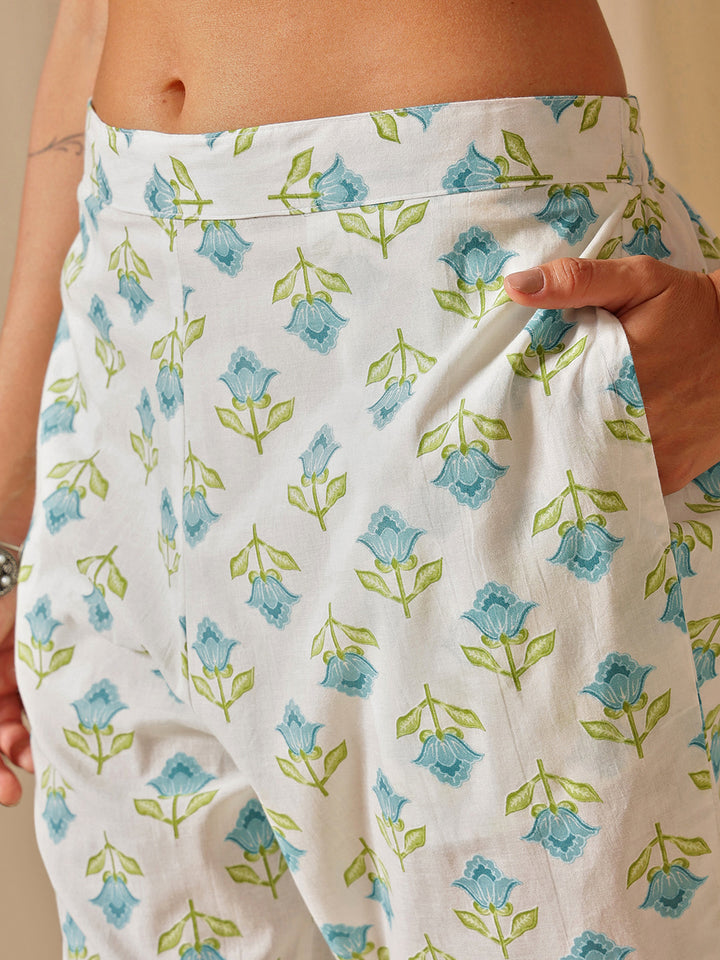 White Floral Embroidered Printed Cotton Suit Set