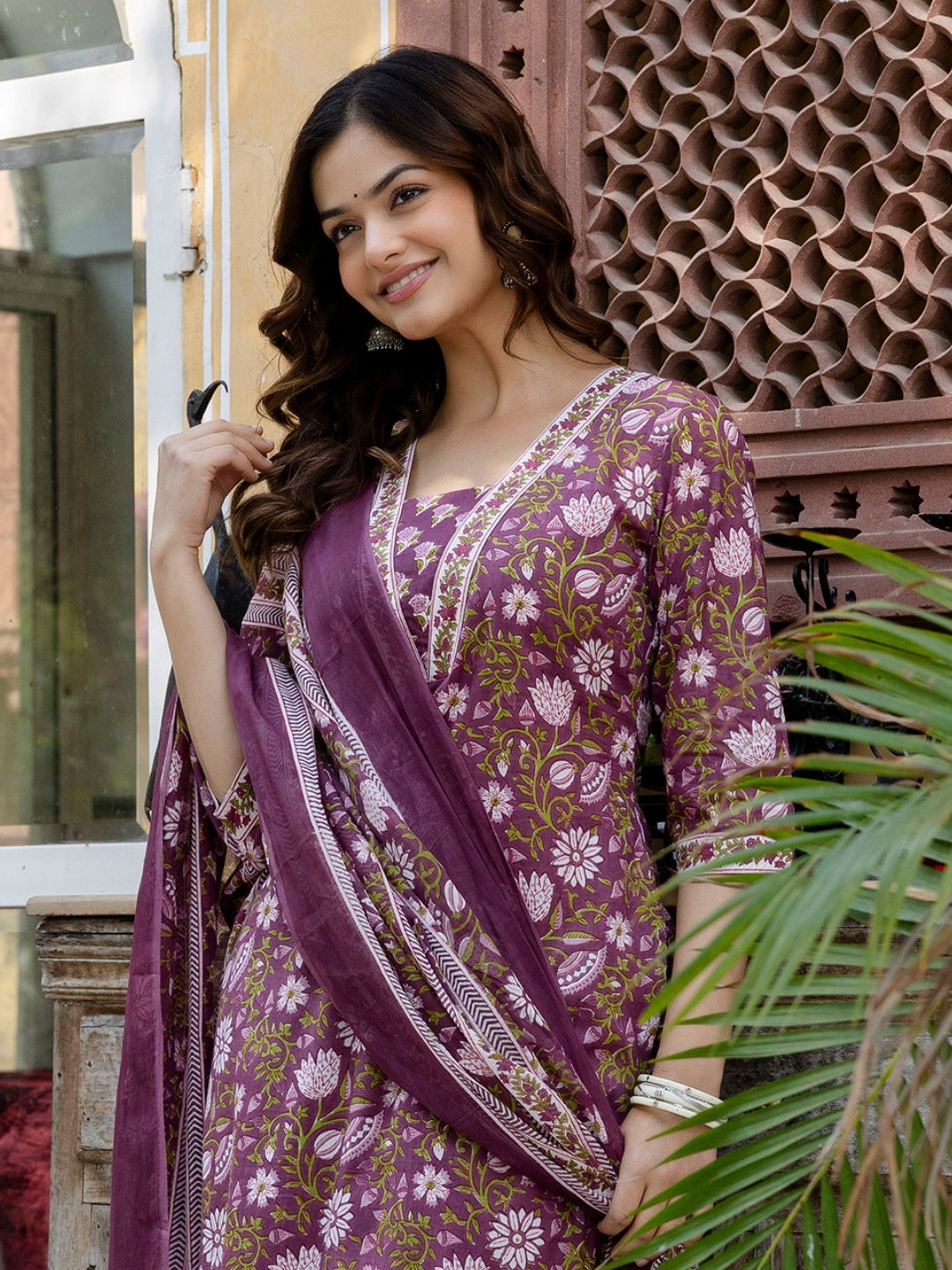 Purple Floral Printed Cotton Suit Set