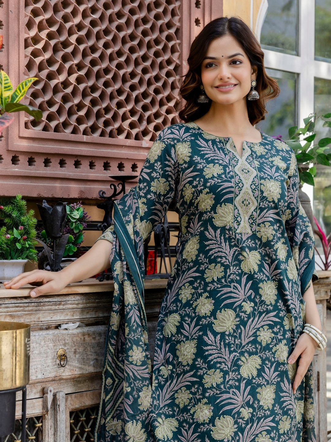 Dark Green Floral Printed Cotton Suit Set