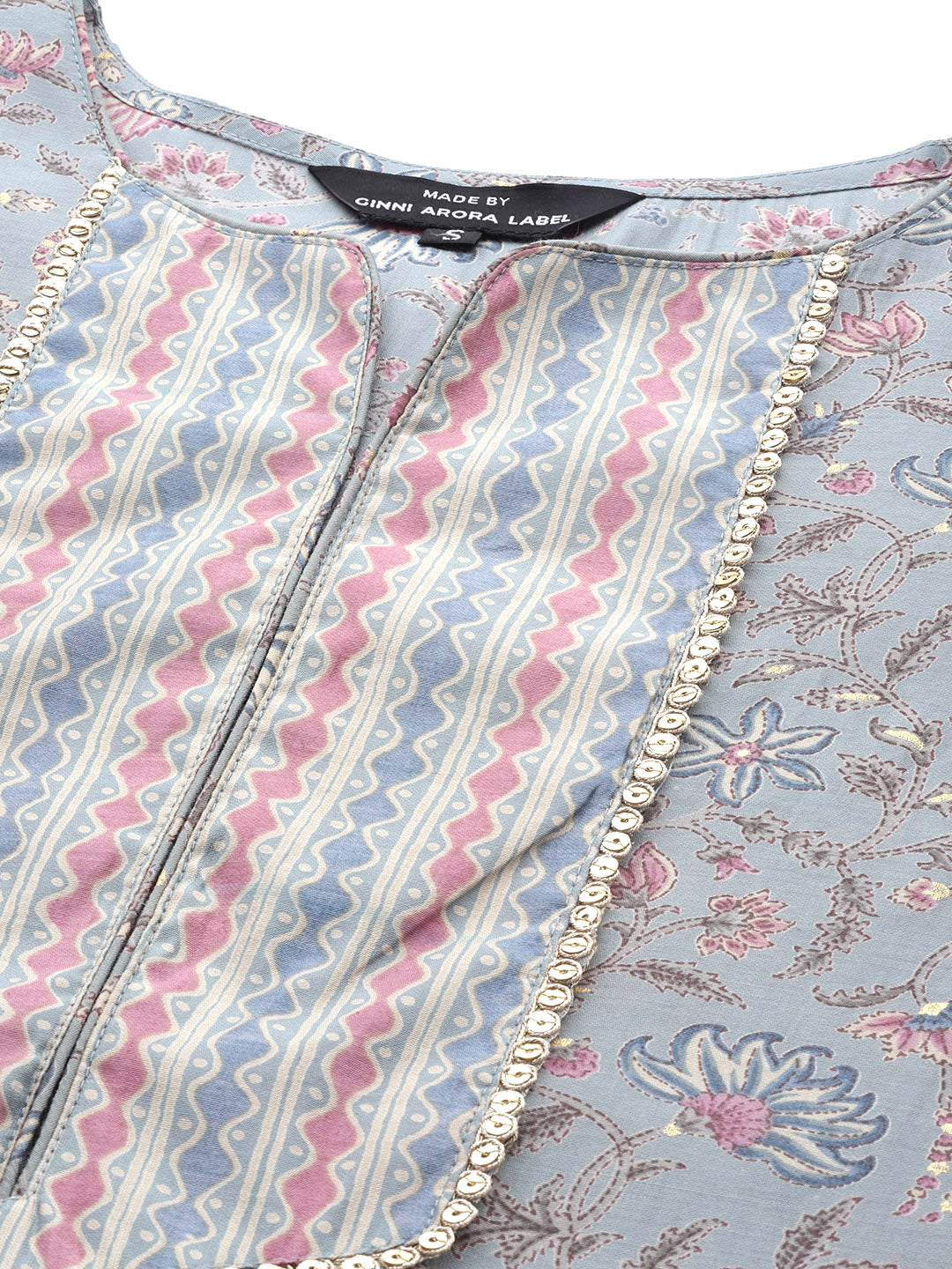 Grey Floral Printed Chanderi Silk Suit Set