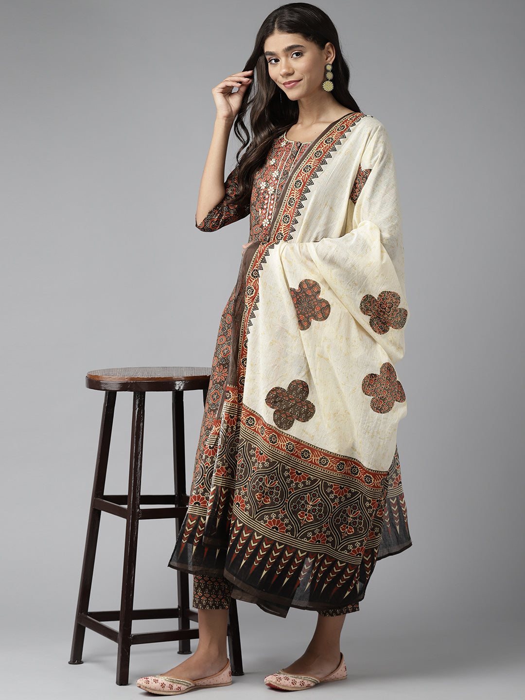 Brown Embroidered Cotton Suit Set