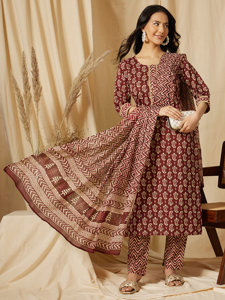 Maroon Ethnic Motif Printed Cotton Suit Set