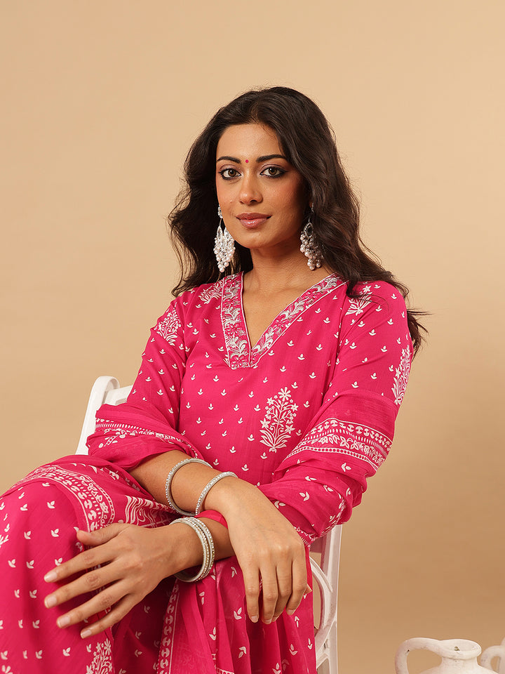 Pink Embroidered V-Neck Kurta Set