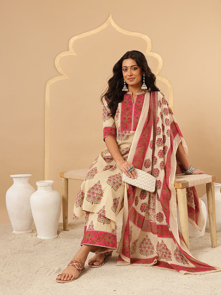 Magenta Floral Printed Cotton Suit Set