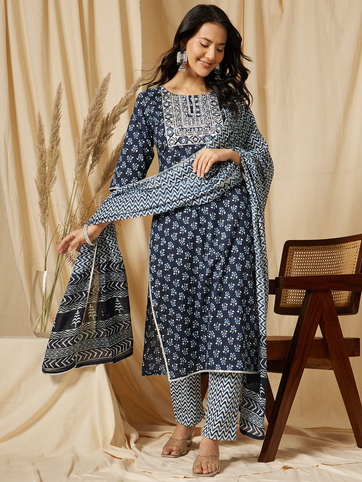 Navy Blue Embroidery Cotton Suit Set