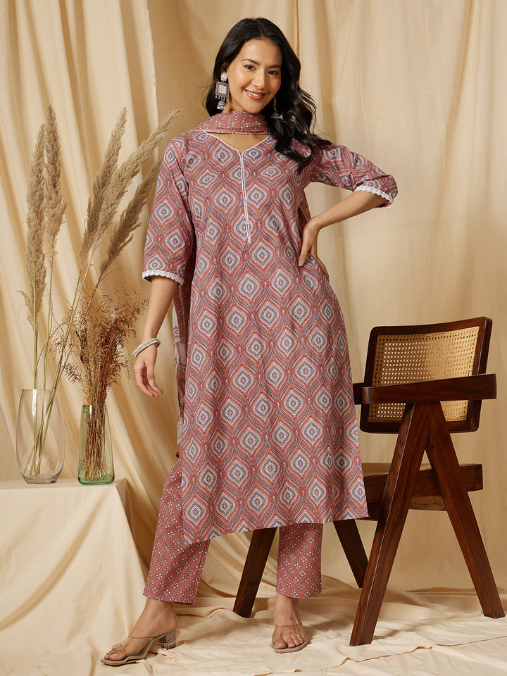 Brown Printed Cotton Suit Set