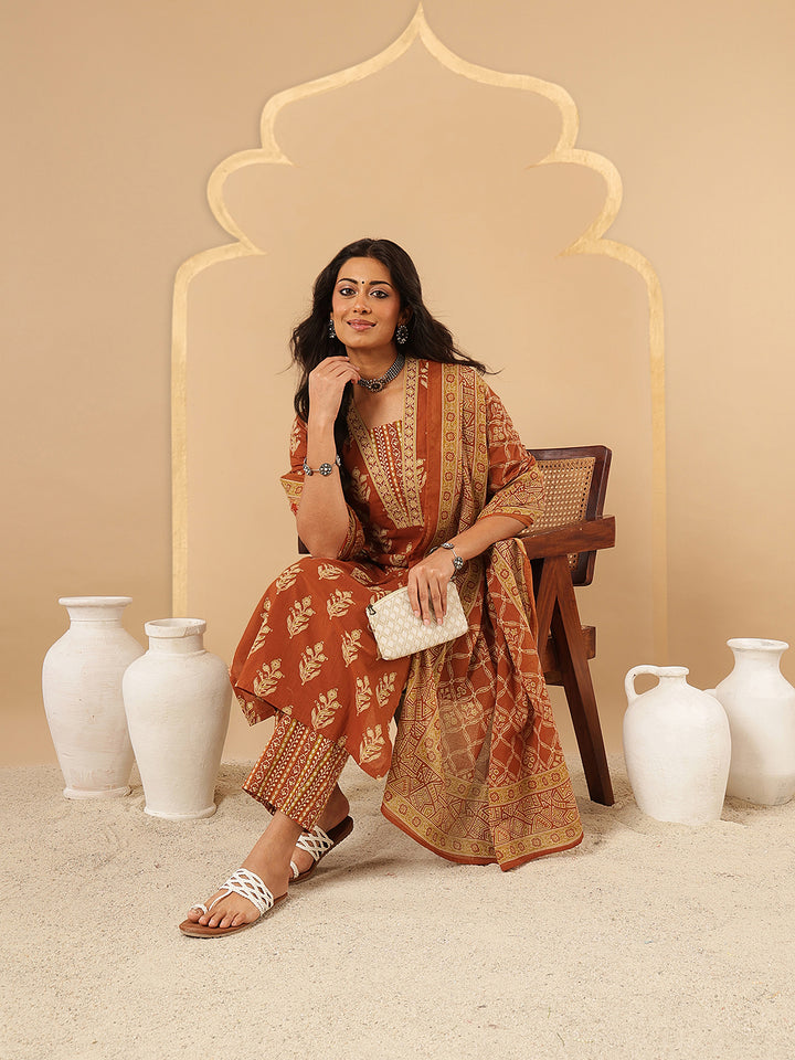 Beige and Orange Ethnic Motifs Printed Cotton Suit Set