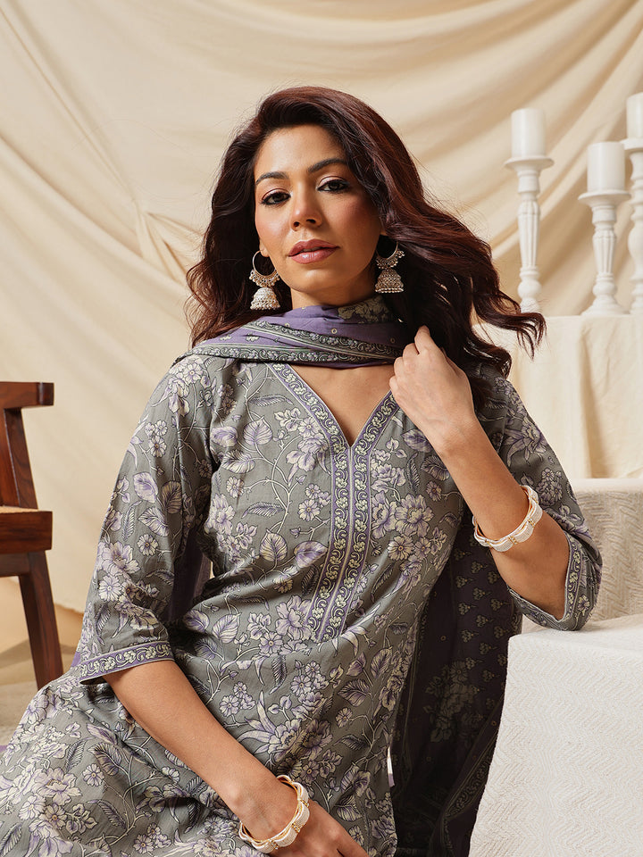 Grey Floral Printed Cotton Suit Set