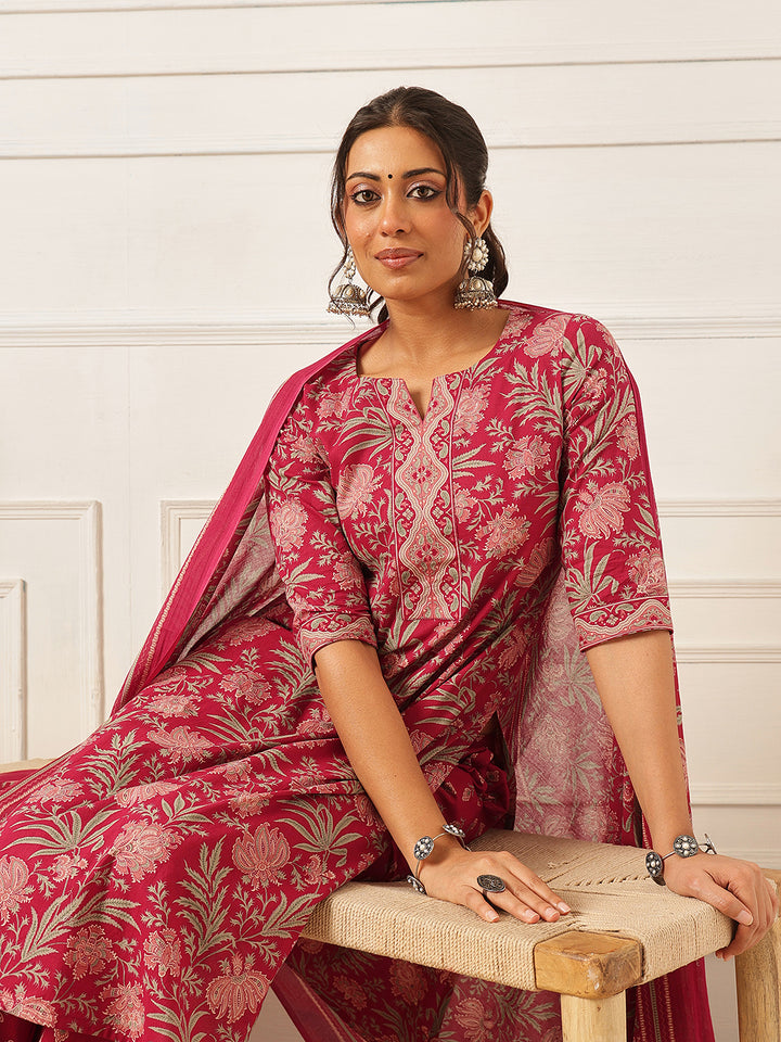 Pink V Neck Printed Cotton Suit Set
