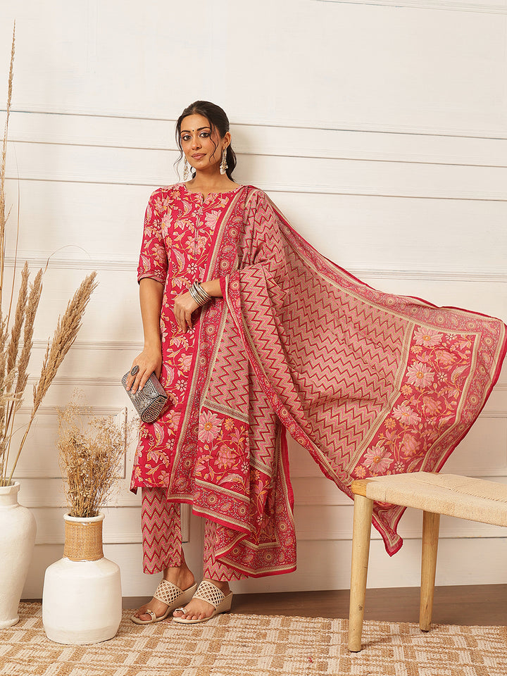 Pink Floral Printed Printed Suit Set