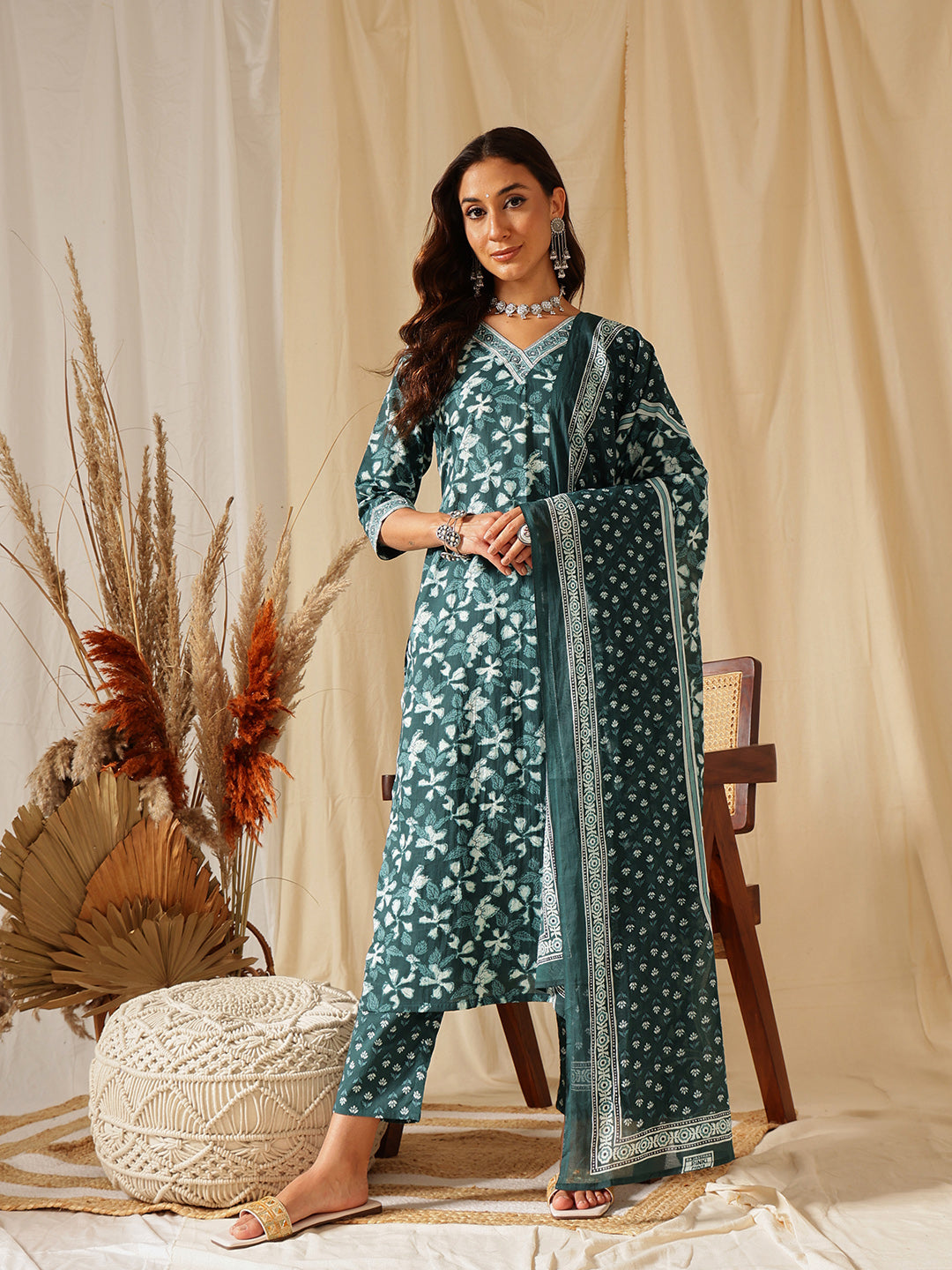 Sea Green Floral Printed Cotton Suit Set