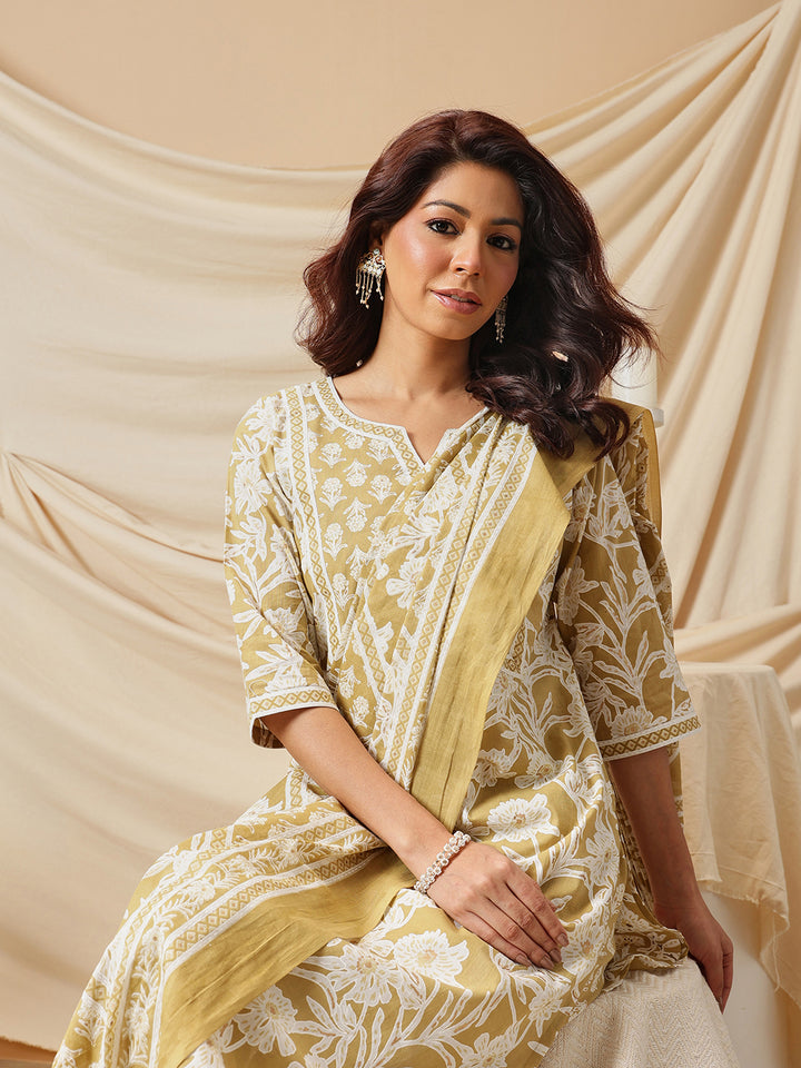 Mustard Floral Printed Cotton Suit Set