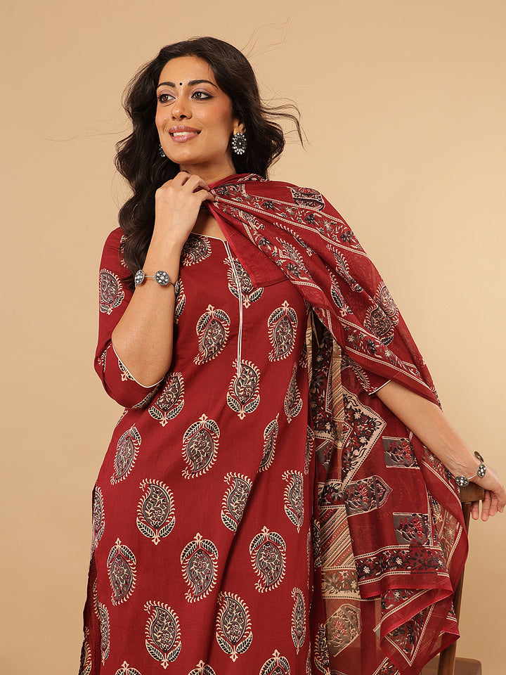 Maroon Ethnic Printed Cotton Suit Set