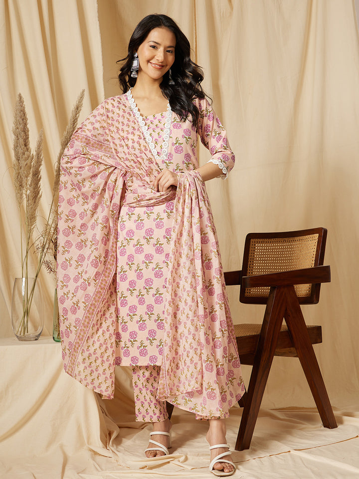 Pink Floral Printed Cotton Suit Set