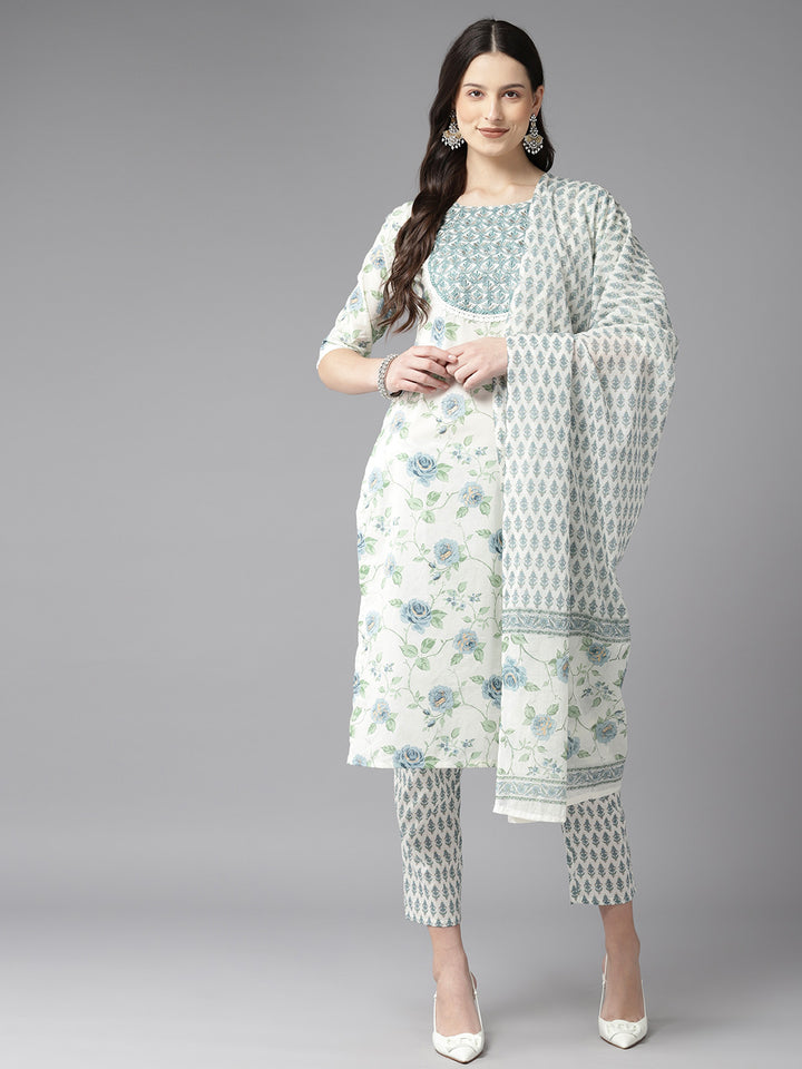 White Floral Embroidered Printed Cotton Suit Set