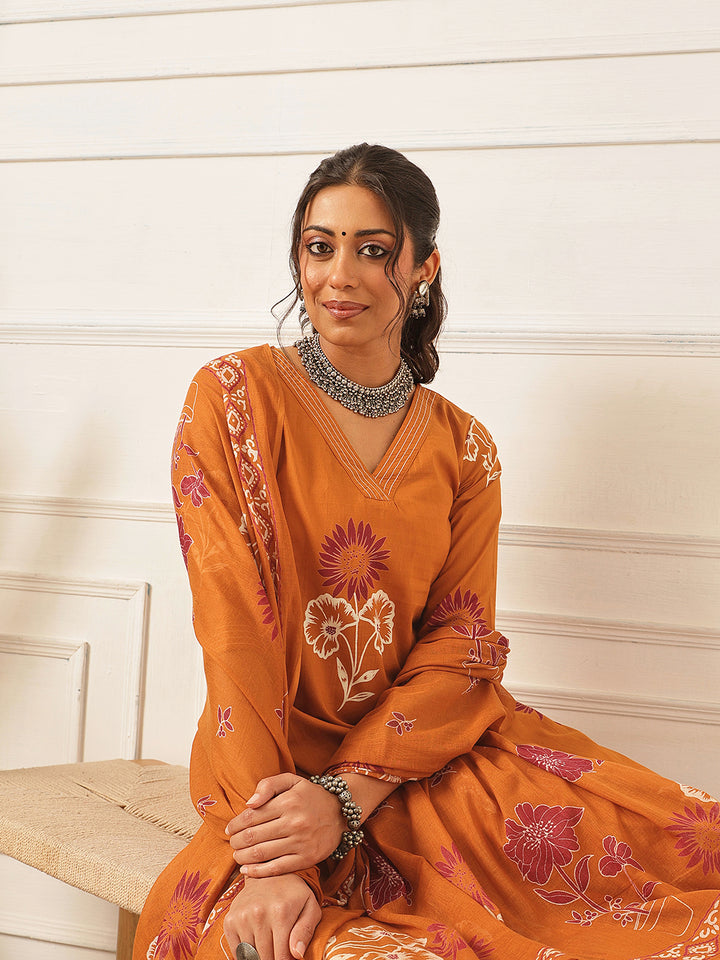 Rust Floral Printed Kurta Set