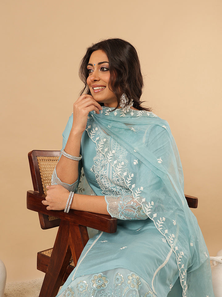 Blue Embroidered Silk Suit Set